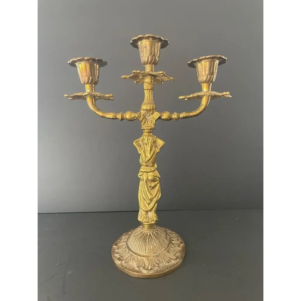 Vintage Brass Figural 3 Arm Candelabra Female Caryatid Greek Goddess Mid Century
